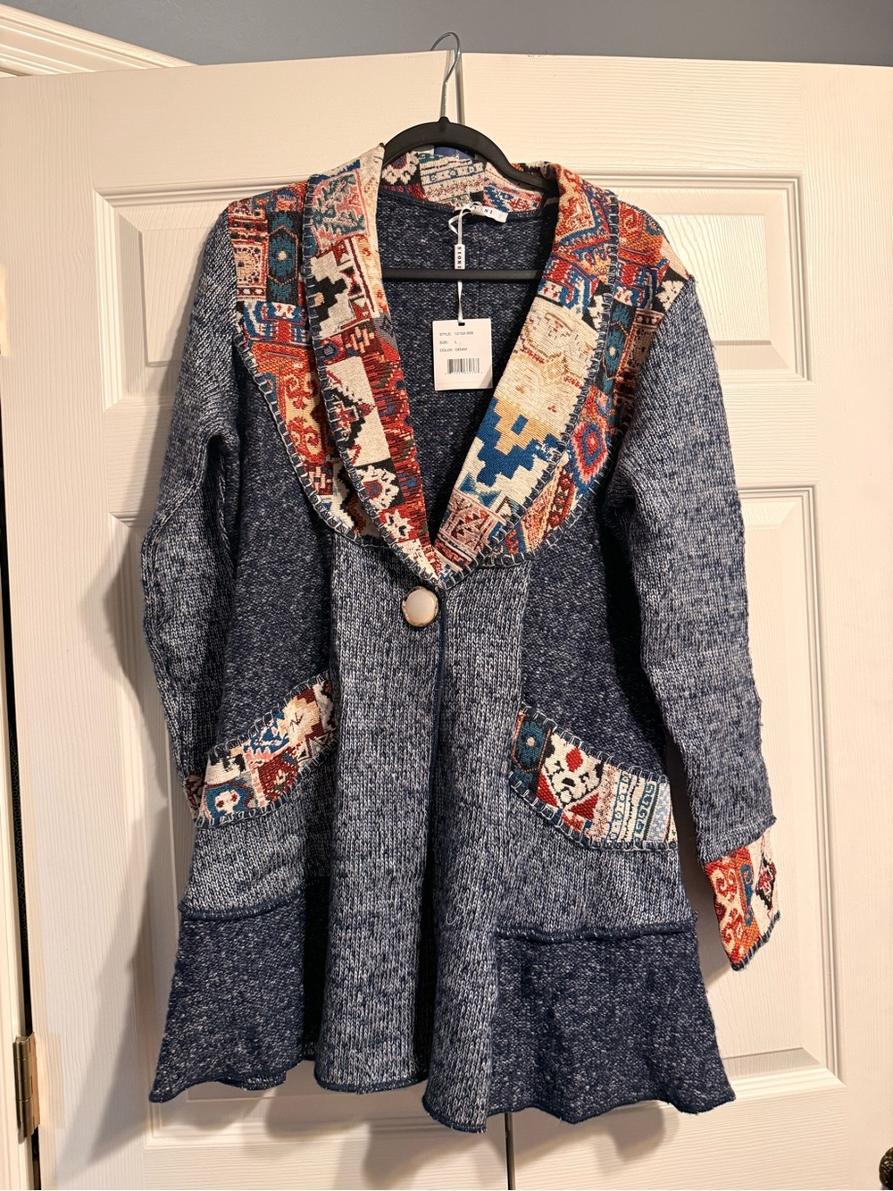 Bioni Blue Knit Hooded Cardigan with Colorful Aztec Trim